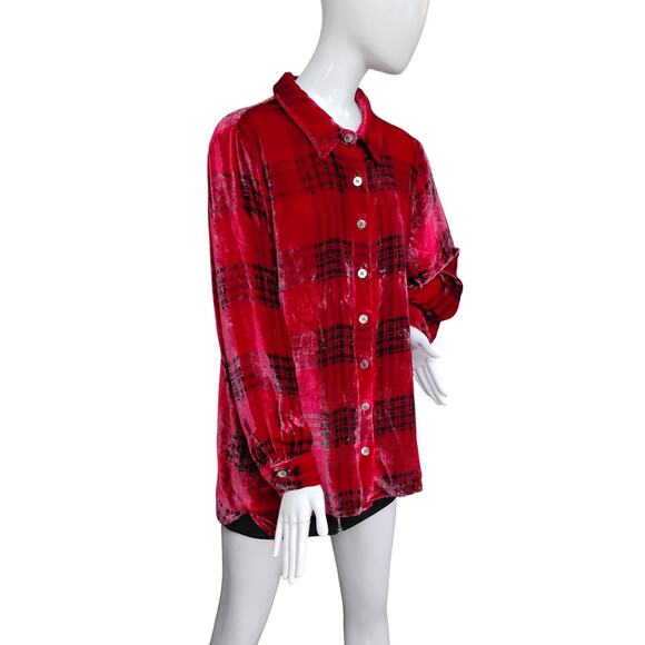 Soft Surroundings Blouse Size Large Red Festive Velvet Button Down - Picture 3 of 14